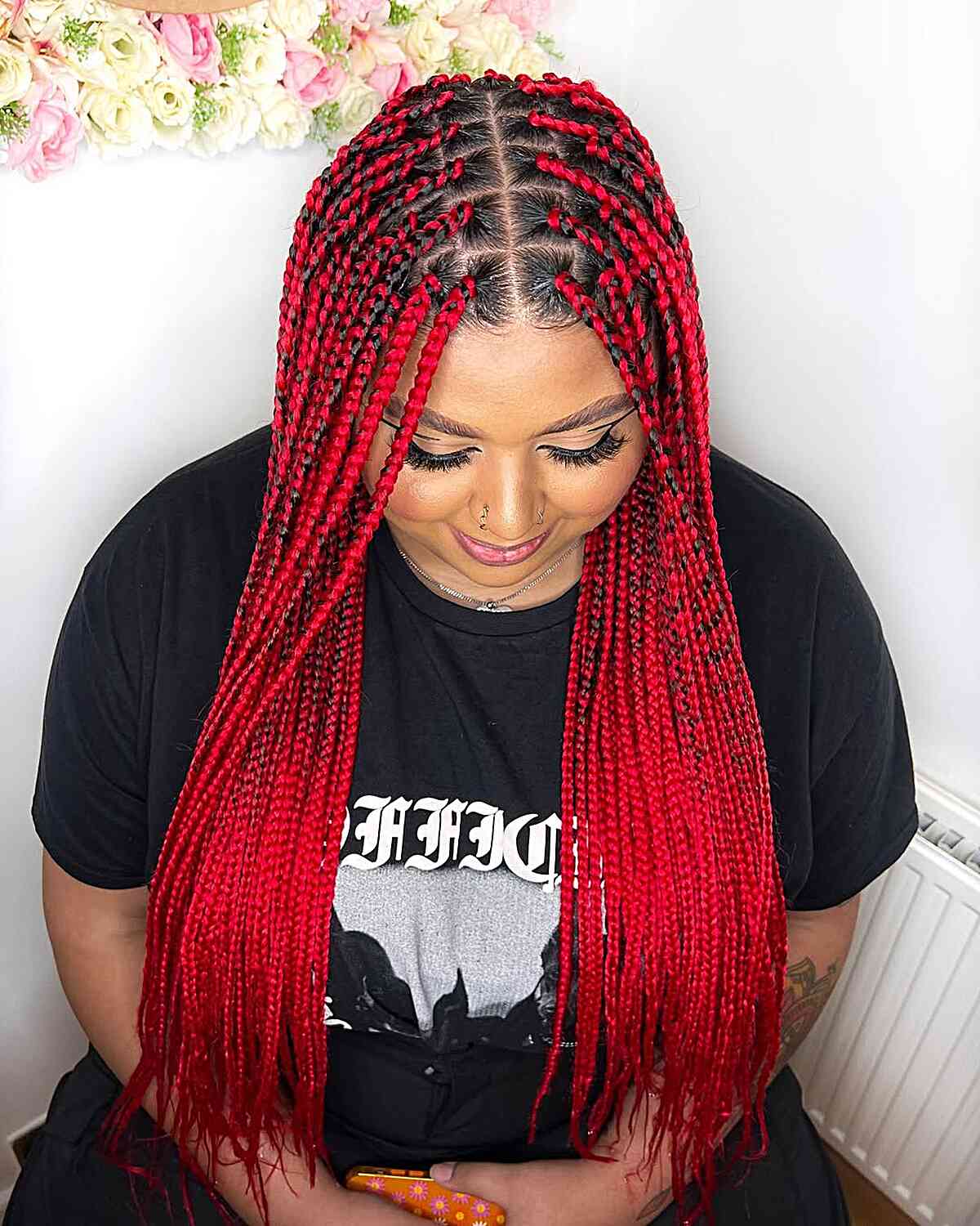 Striking Red Mid-Back Box Braids, Wavy Striking Red Mid-Back Box Braids, Wavy — Classy Red Braids