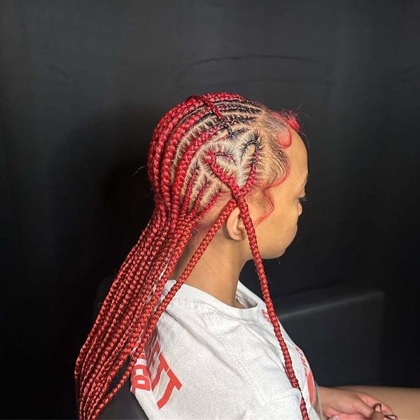 Bright Red Mid-Back Cornrow Braids Bright Red Mid-Back Cornrow Braids — Classy Red Braids
