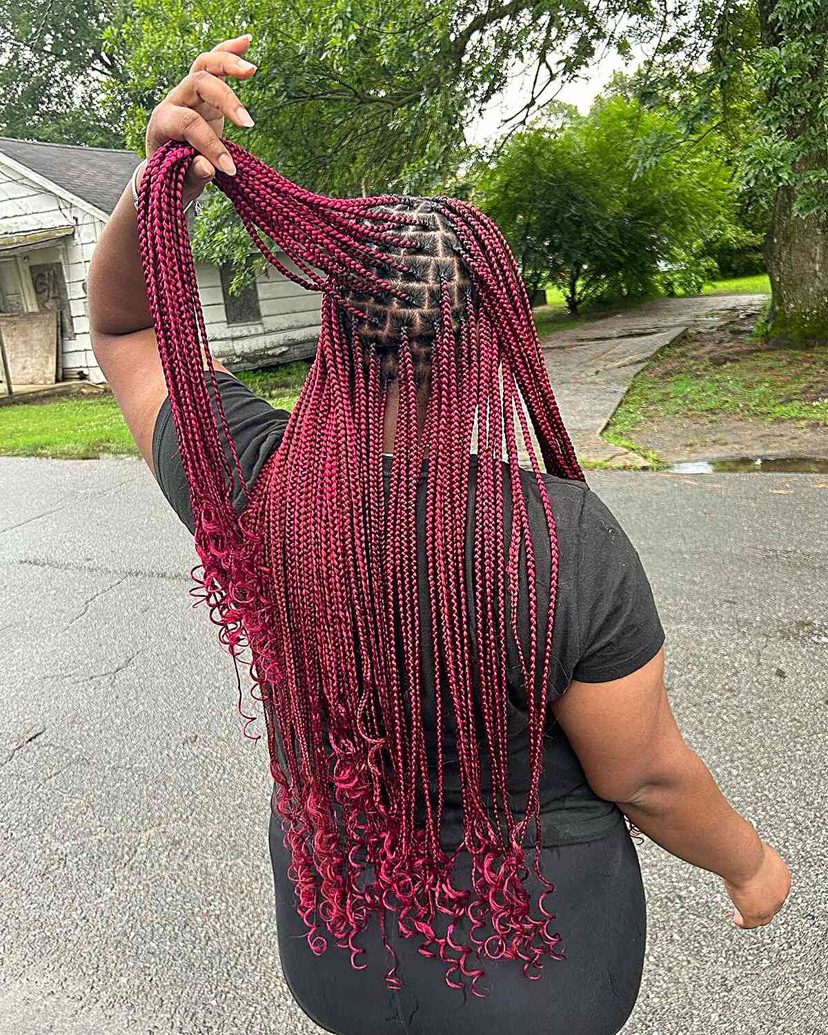 Deep Red Mid-Back Braids With Curly Texture, Middle Deep Red Mid-Back Braids With Curly Texture, Middle — Classy Red Braids
