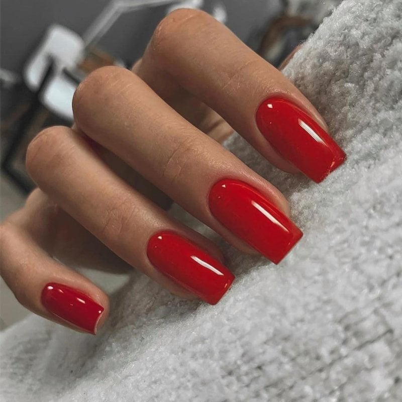 Classic Vibrant Red Glossy Medium Square Nails — Classy Red Nails