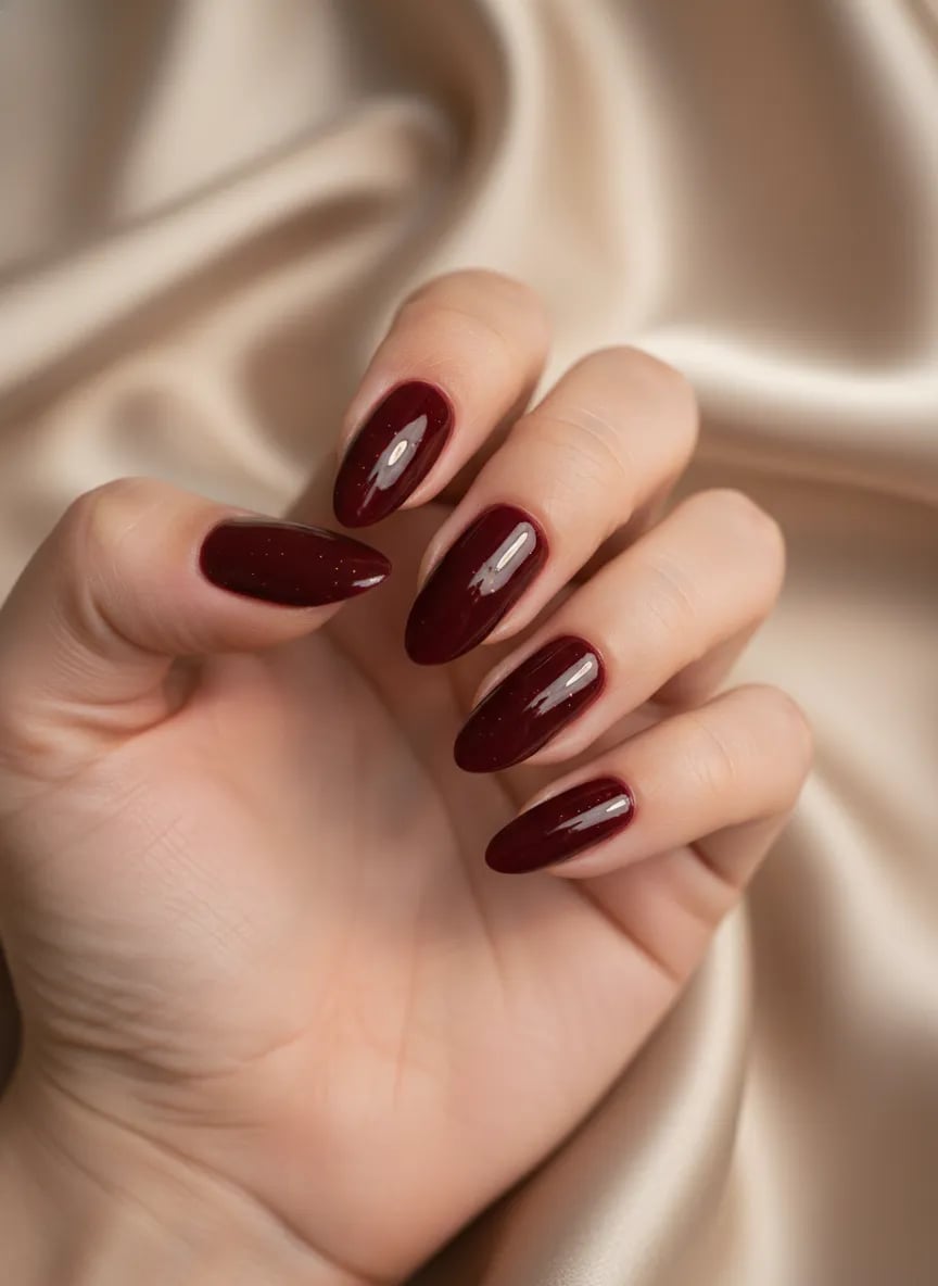 Dark Red Glossy Medium Almond Nails With Subtle Glitter Specks — Classy Red Nails