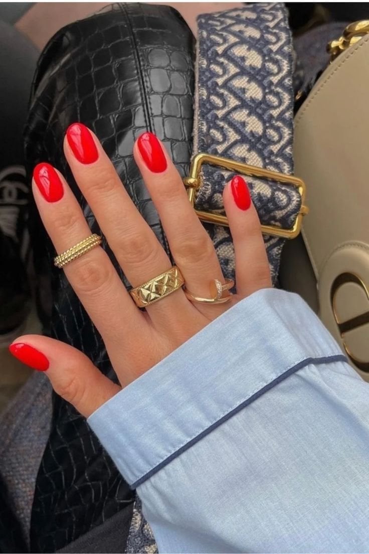 Vibrant Red Glossy Short Almond Nails — Classy Red Nails