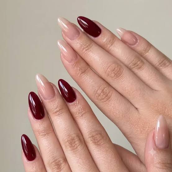 Deep Burgundy Sheer Nude Medium Almond Nails — Classy Red Nails