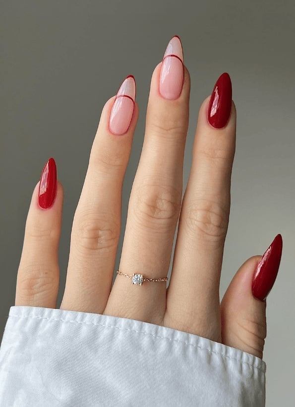 Red French Tip Sheer Nude Medium Almond Nails — Classy Red Nails