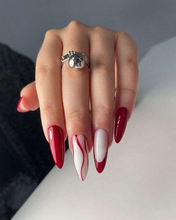 Red Swirls Glossy Long Almond Nails — Classy Red Nails