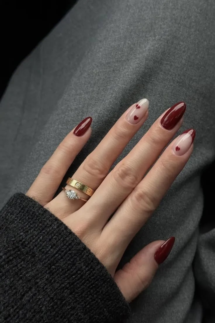 Dark Red Scattered Hearts Glossy Medium Almond Nails — Classy Red Nails
