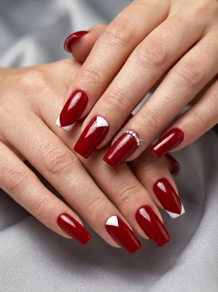 Deep Red Geometric White French Medium Square Nails — Classy Red Nails