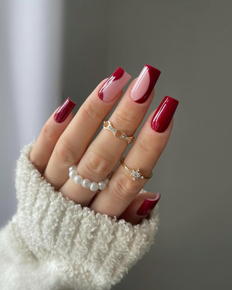 Deep Red Curved Lines Short Square Nails — Classy Red Nails