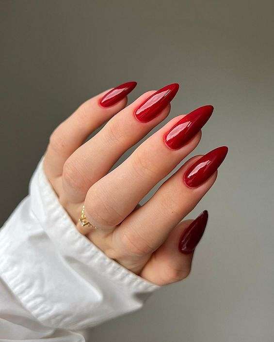 Deep Red Glossy Medium-Long Stiletto Nails — Classy Red Nails