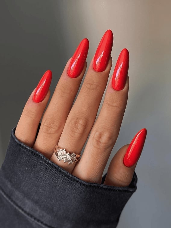 Vibrant Red Glossy Long Stiletto Nails — Classy Red Nails