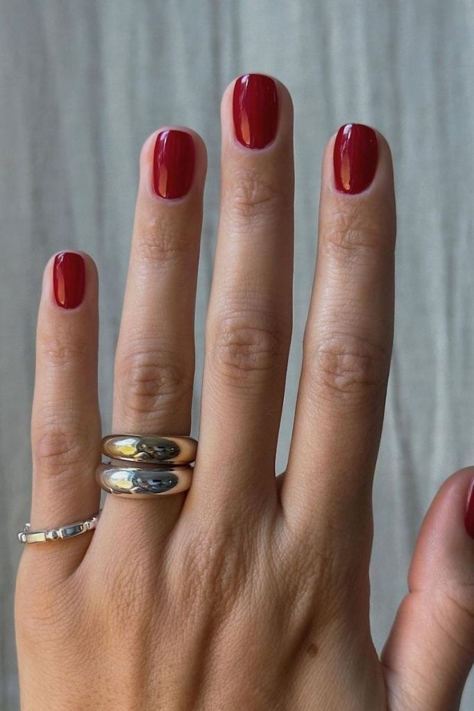 Deep Red Glossy Rounded Square Nails — Classy Red Nails