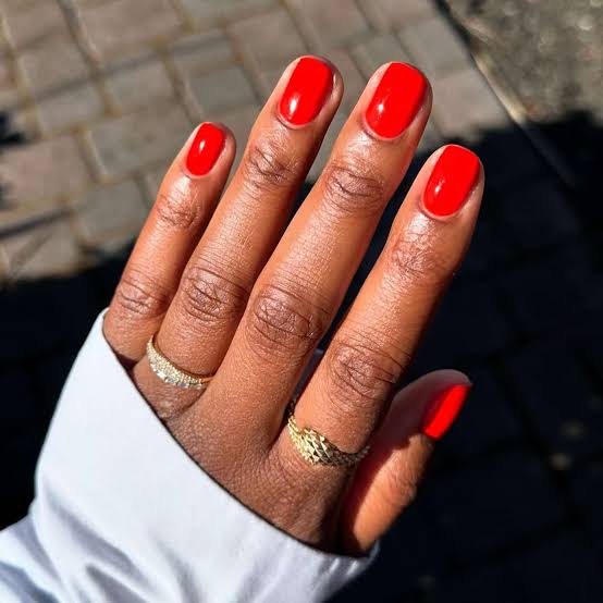 Bright Cherry Red Short Squoval Nails — Classy Red Nails