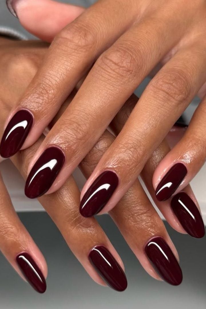 Deep Wine Red Glossy Short Oval Nails With High Gloss — Classy Red Nails