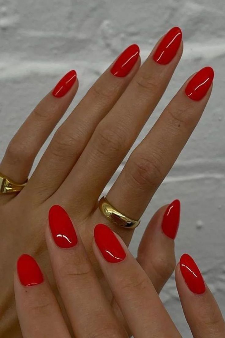 Classic Red Glossy Medium Almond Nails — Classy Red Nails