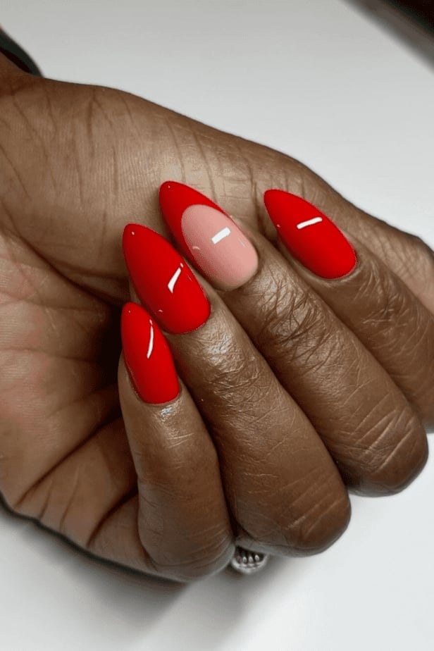 Bright Red Glossy Medium Almond Nails, Close-Up Take — Classy Red Nails