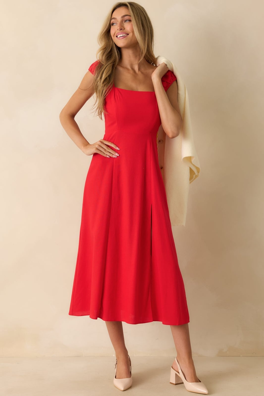 Vibrant Red A-Line Midi Dress Vibrant Red A-Line Midi Dress — Classy Red Outfits