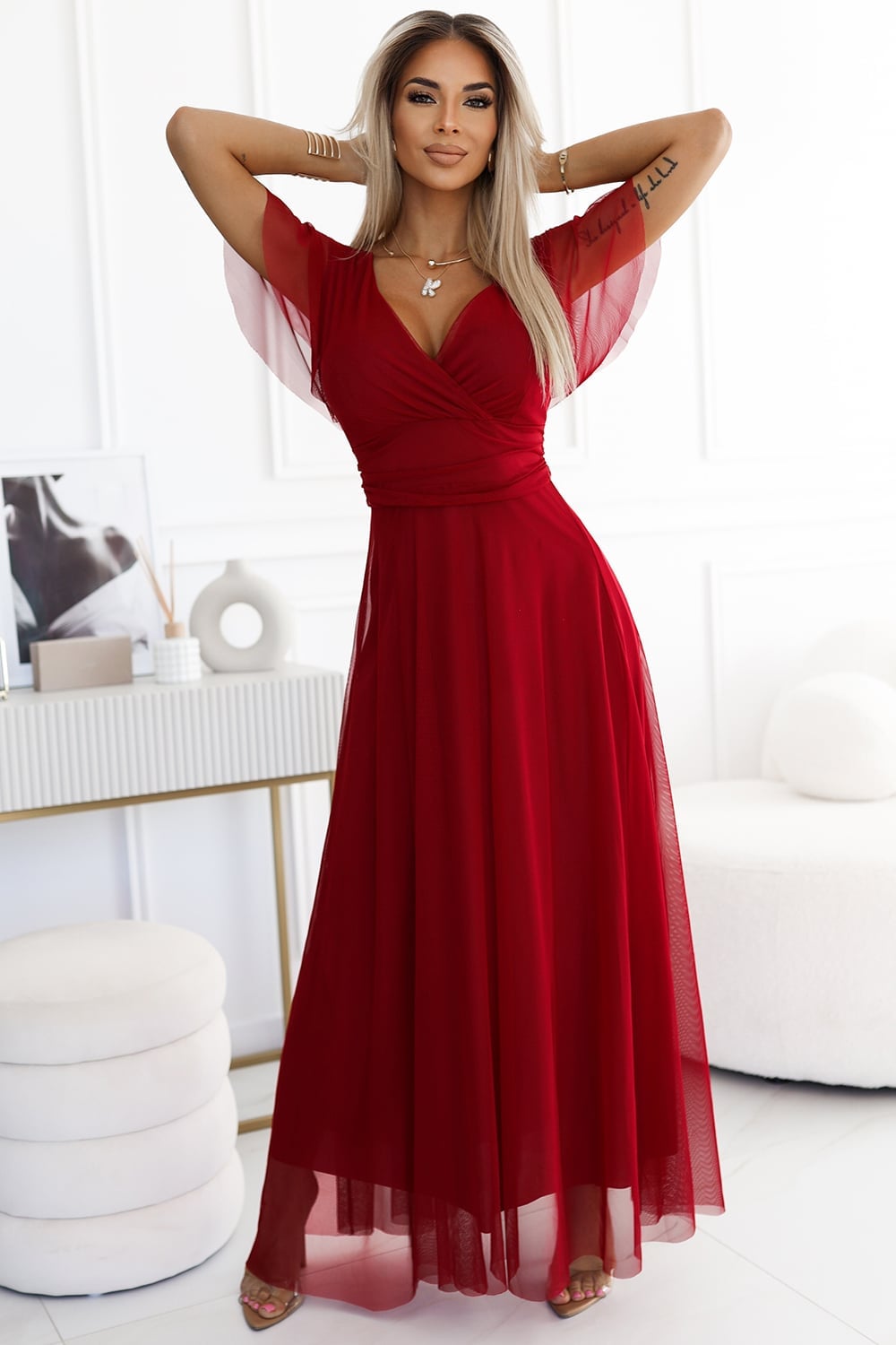 Deep Red Empire Waist Dress With Flutter Sleeves Deep Red Empire Waist Dress With Flutter Sleeves — Classy Red Outfits