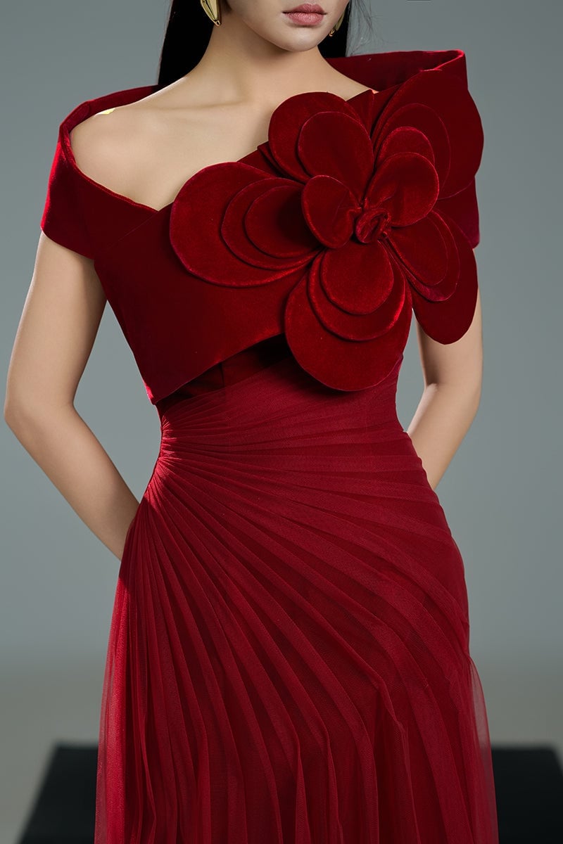 Deep Red One-Shoulder Dress With Velvet Flower Deep Red One-Shoulder Dress With Velvet Flower — Classy Red Outfits