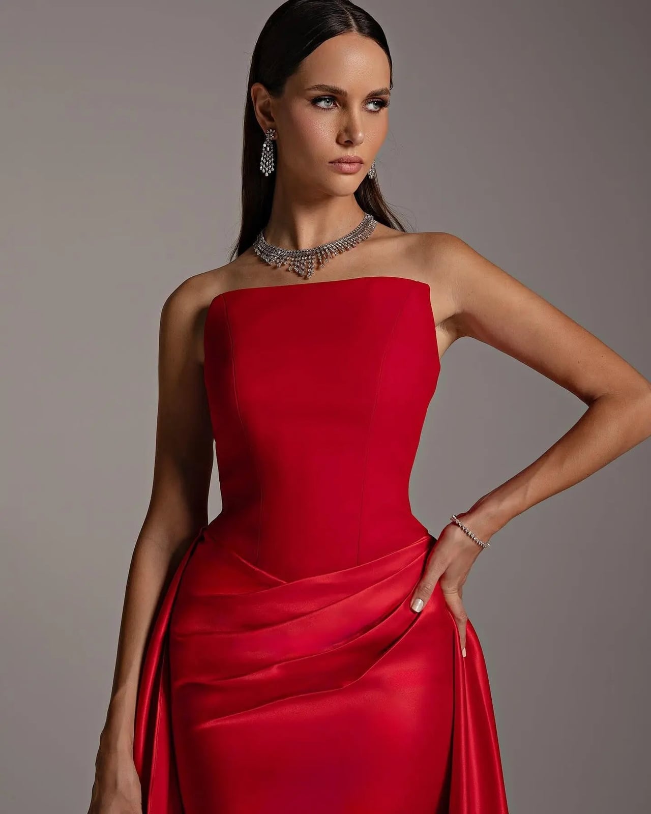 Red Satin Strapless Gown With Draped Overlay Red Satin Strapless Gown With Draped Overlay — Classy Red Outfits