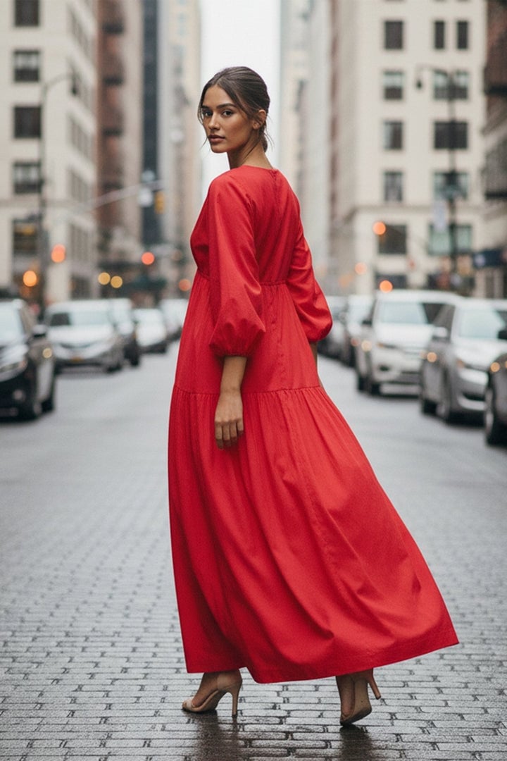 Vibrant Red Maxi Dress With Puff Sleeves Vibrant Red Maxi Dress With Puff Sleeves — Classy Red Outfits