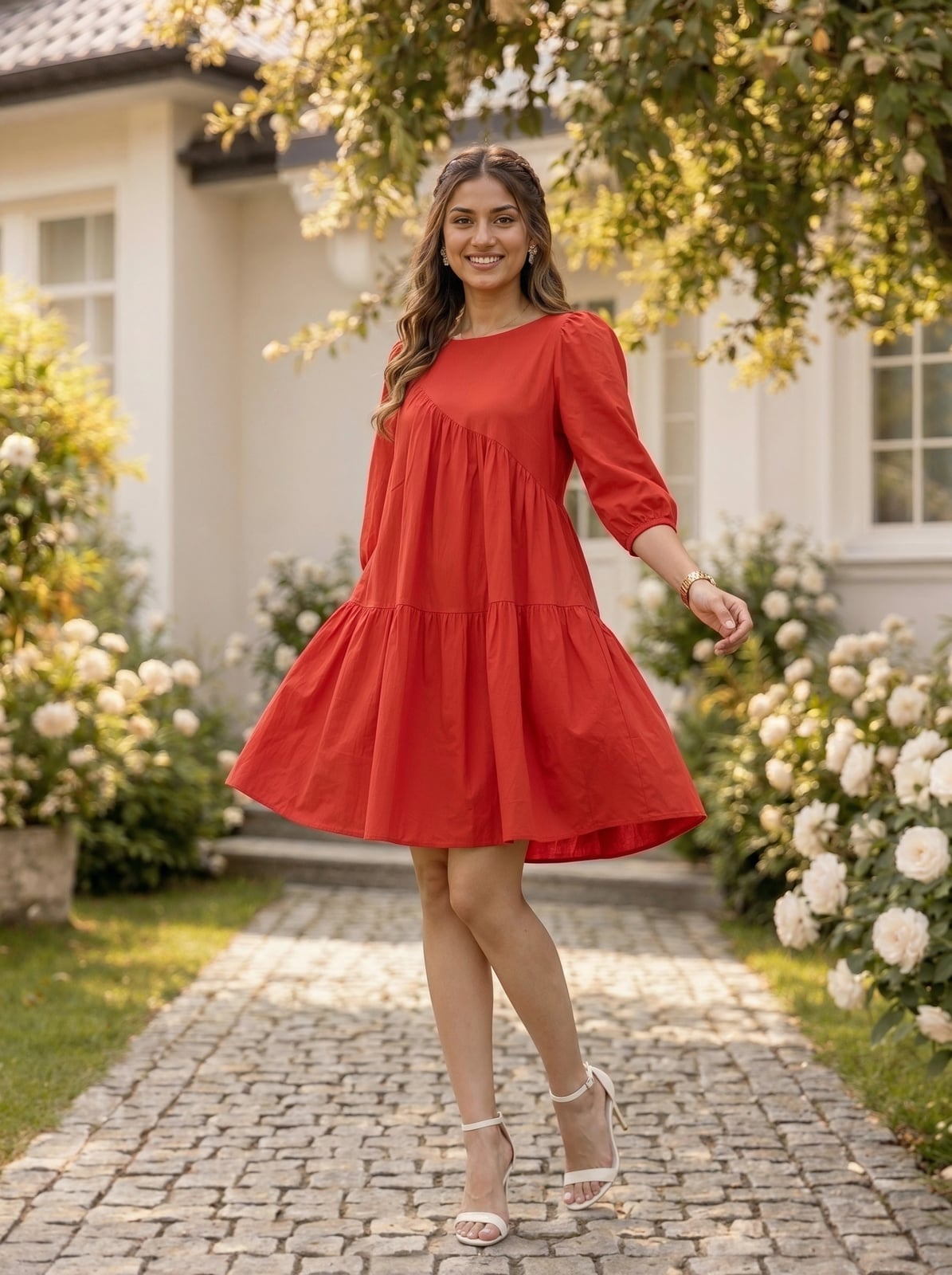 Scarlet Red Babydoll Mini Dress With Tiered Skirt Scarlet Red Babydoll Mini Dress With Tiered Skirt — Classy Red Outfits
