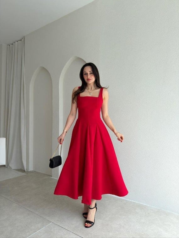 Red Fit-and-Flare Midi Dress With Square Neckline Red Fit-and-Flare Midi Dress With Square Neckline — Classy Red Outfits