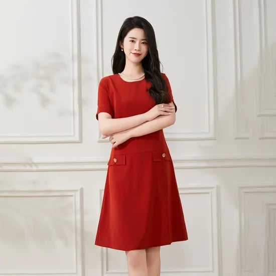 Bright Red A-Line Dress With Buttoned Pockets Bright Red A-Line Dress With Buttoned Pockets — Classy Red Outfits