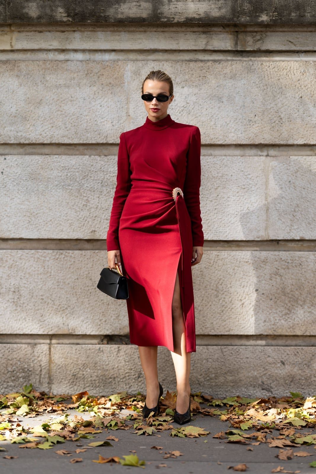 Deep Red Midi Dress With Mock Neck and Slit Deep Red Midi Dress With Mock Neck and Slit — Classy Red Outfits