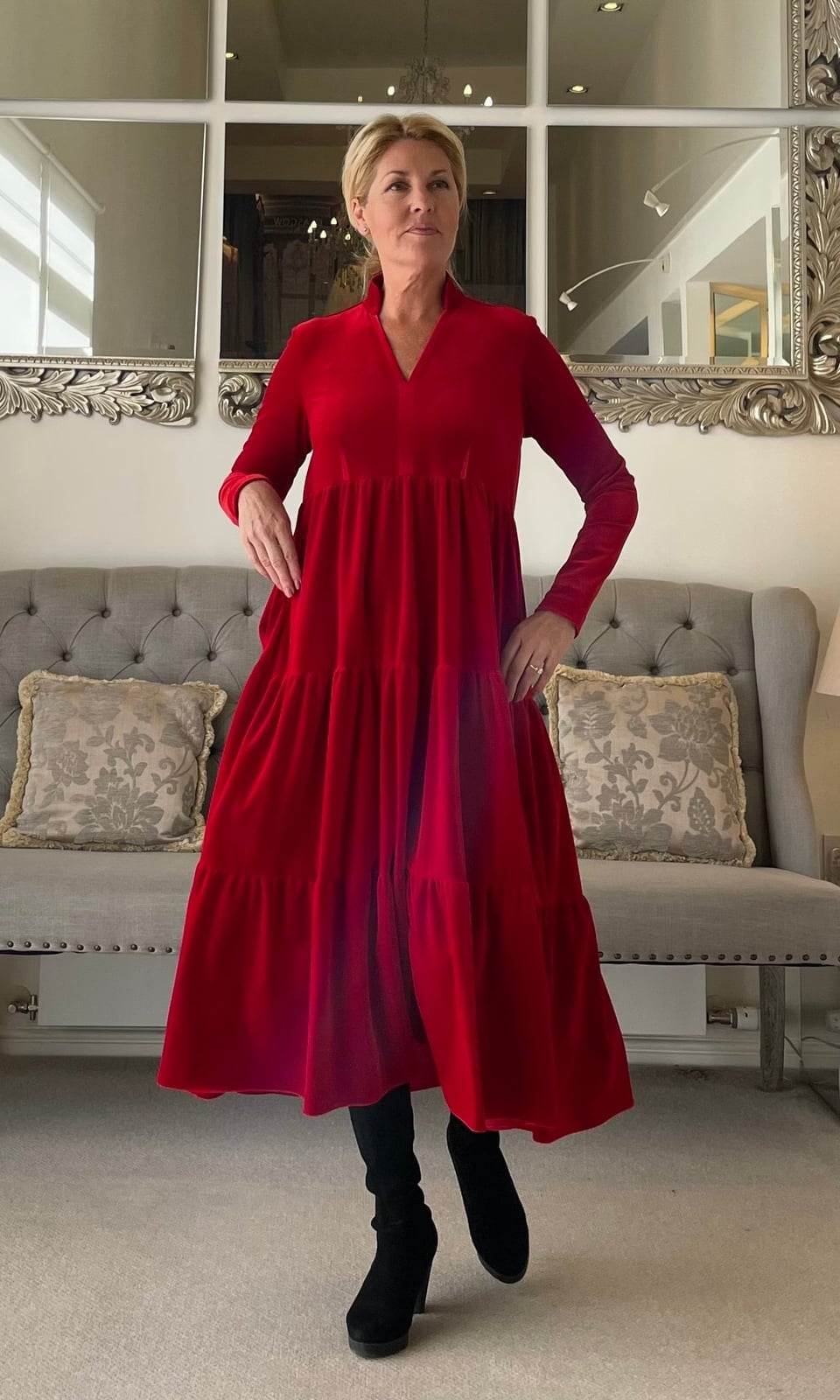 Red Velvet Tiered Dress With Relaxed Fit Red Velvet Tiered Dress With Relaxed Fit — Classy Red Outfits