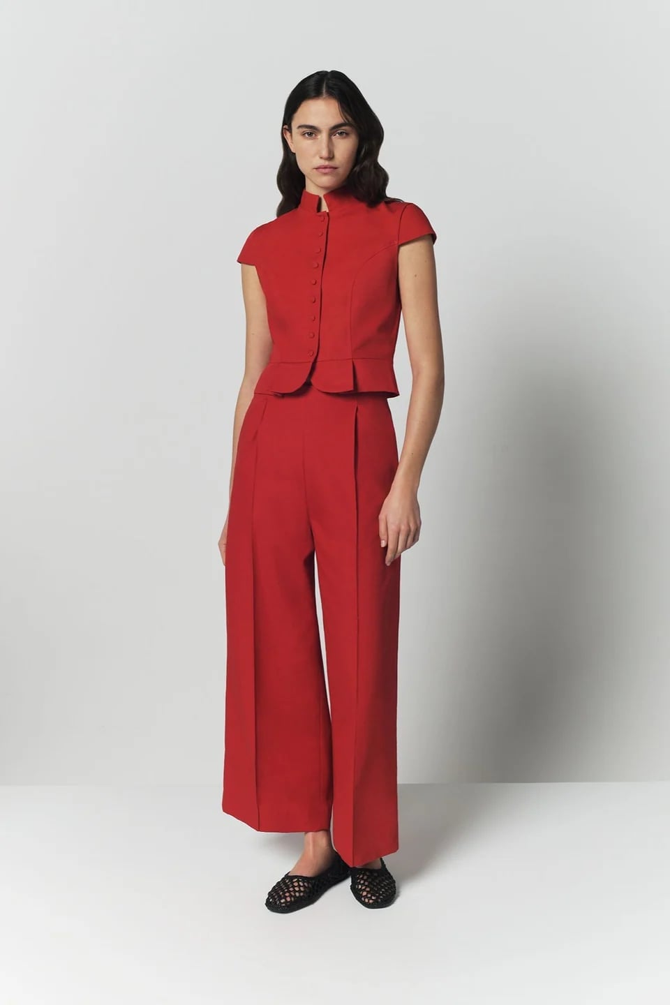 Red Wide-Leg Trousers with a Matching Caped Jacket — Classy Red Pants Outfits