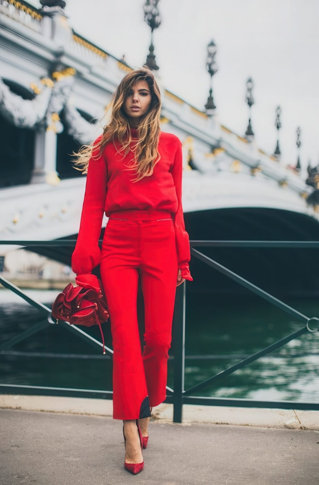 Monochromatic Red Outfit with Wide-Leg Trousers and Sweater — Classy Red Pants Outfits