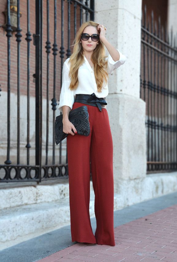 Red Wide-Leg Palazzo Pants with a White Blouse and Obi Belt — Classy Red Pants Outfits