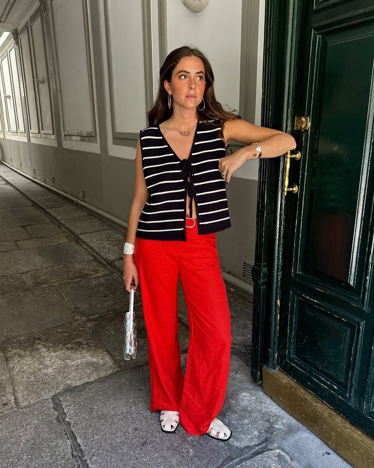 Red Wide-Leg Trousers with a Striped Knit Vest — Classy Red Pants Outfits