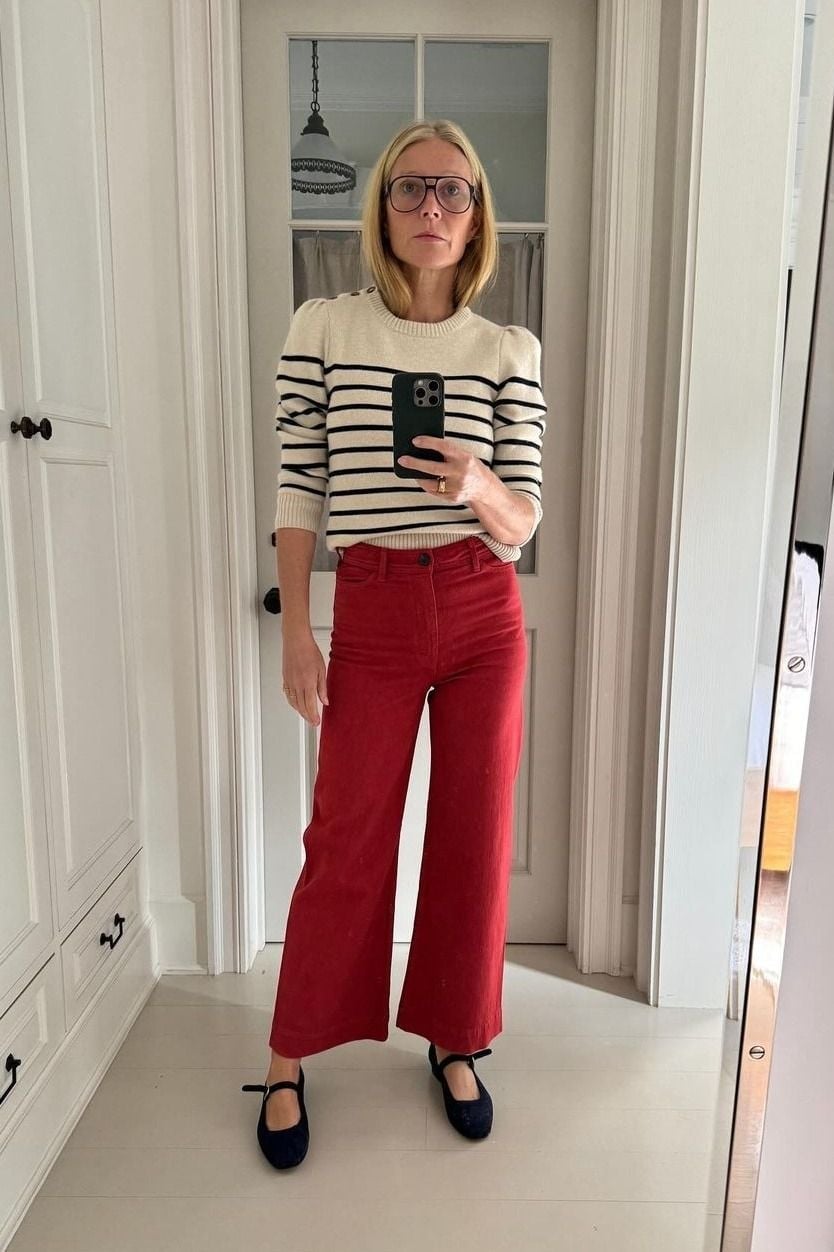 Cropped Red Corduroy Trousers with a Striped Sweater — Classy Red Pants Outfits