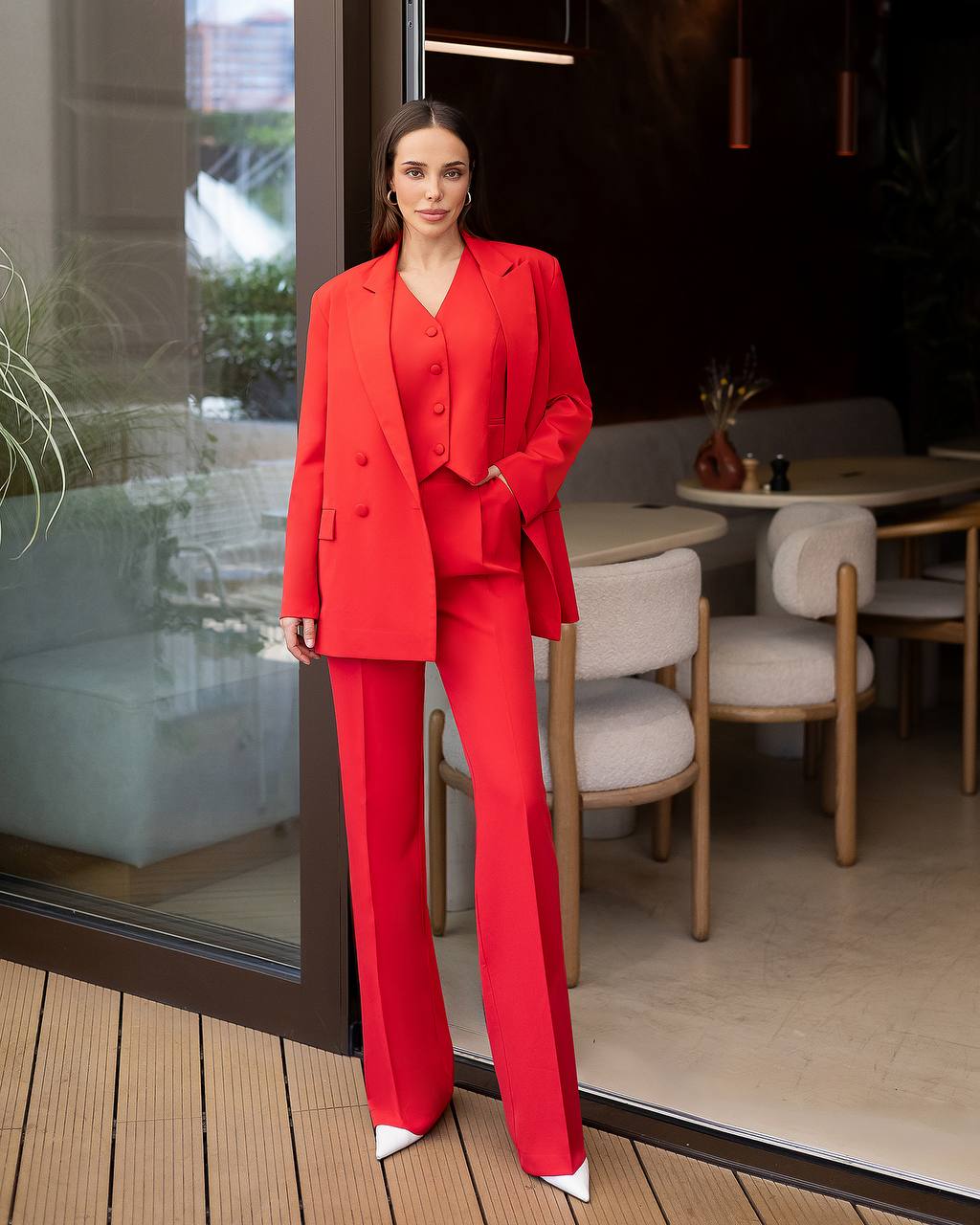 Monochromatic Red Three-Piece Suit with Flared Trousers — Classy Red Pants Outfits