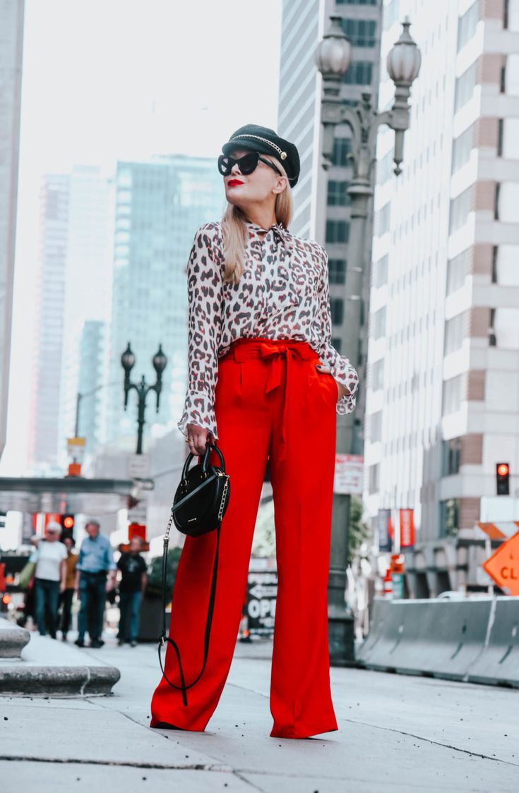 High-waisted Red Wide-Leg Trousers with Leopard Print Blouse — Classy Red Pants Outfits