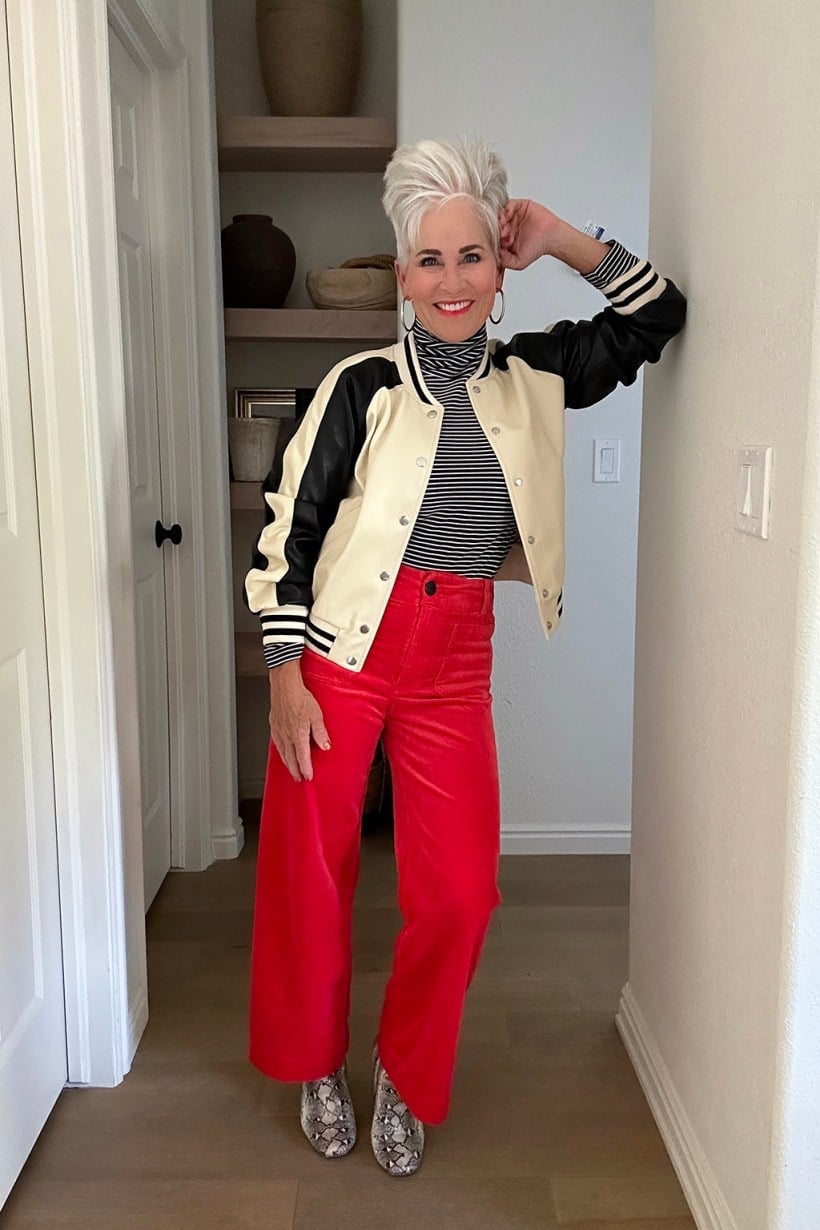 Red Velvet Wide-Leg Trousers with Striped Turtleneck and Bomber Jacket — Classy Red Pants Outfits