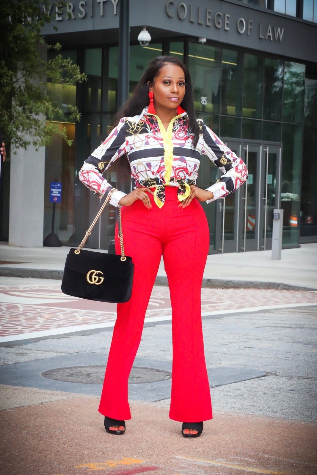 Red High-Waist Flared Pants with a Patterned Shirt — Classy Red Pants Outfits