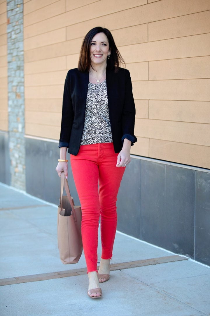 Bright Red Skinny Jeans with a Leopard Print Top and Black Blazer — Classy Red Pants Outfits
