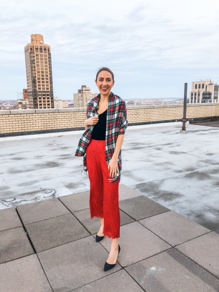 Cropped Red Lace Trousers with a Black Top and Plaid, Close-Up Take — Classy Red Pants Outfits