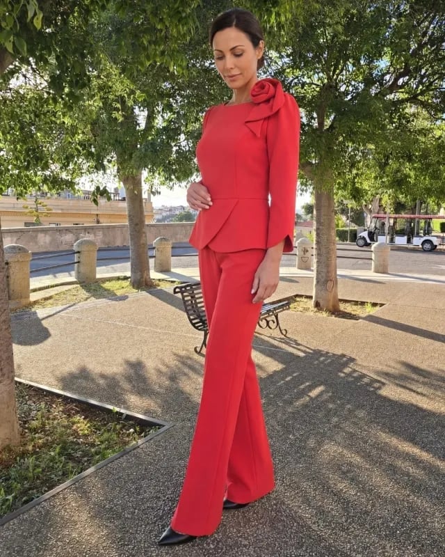 Red Wide-Leg Trousers with a Bow Detail Jacket and Pointed Black Heels — Classy Red Pants Outfits
