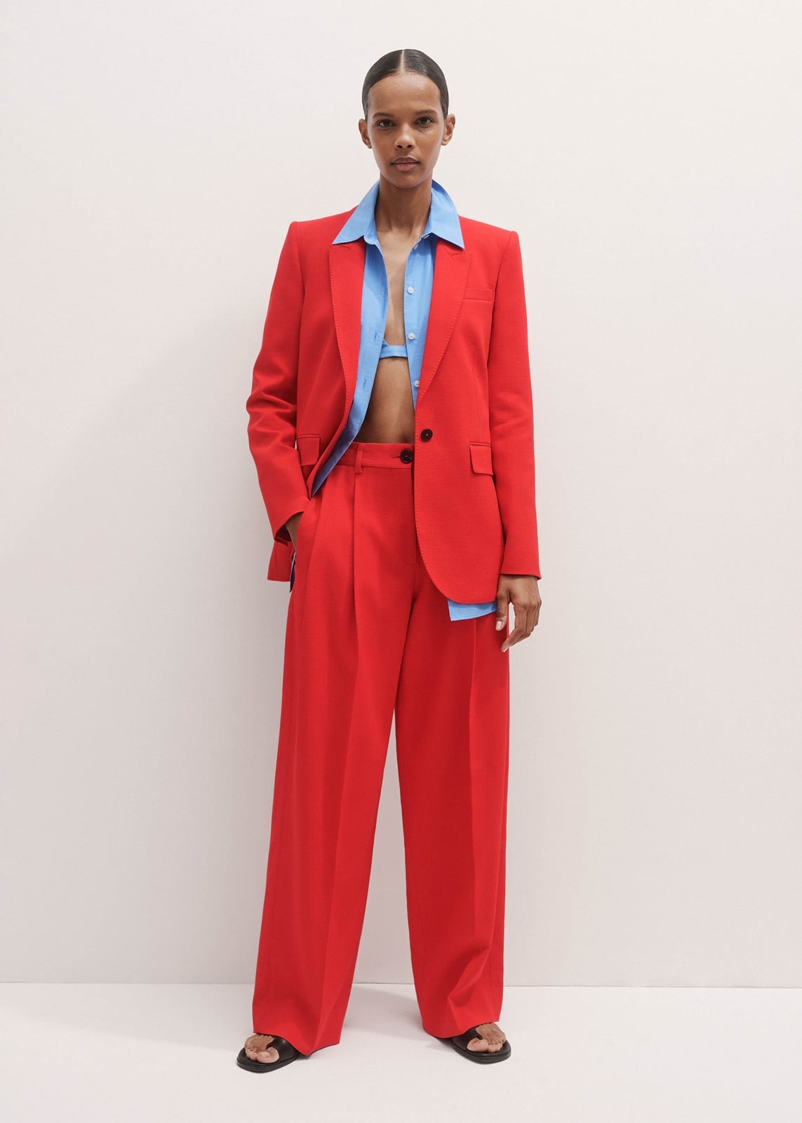 Red Wide-Leg Trousers with a Blue Bralette and Oversized Blazer — Classy Red Pants Outfits