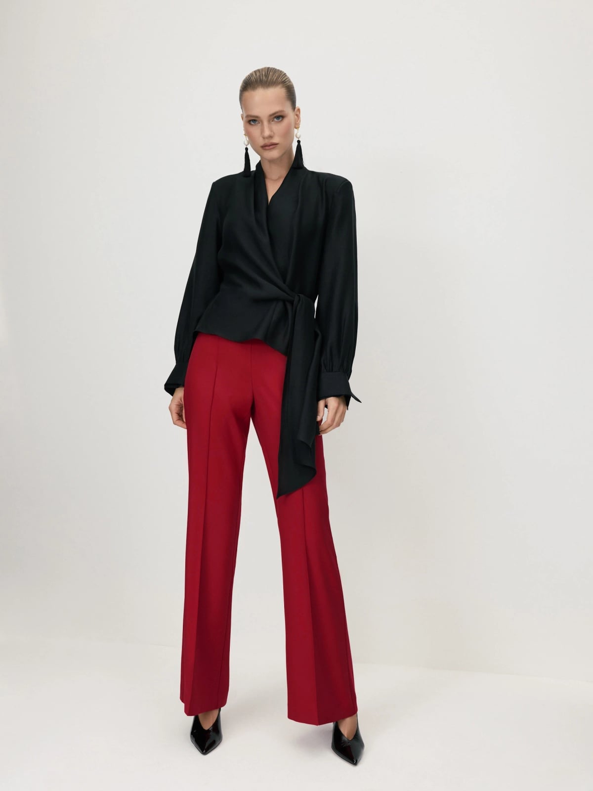 Wide-leg Red Trousers with a Black Wrap Blouse — Classy Red Pants Outfits