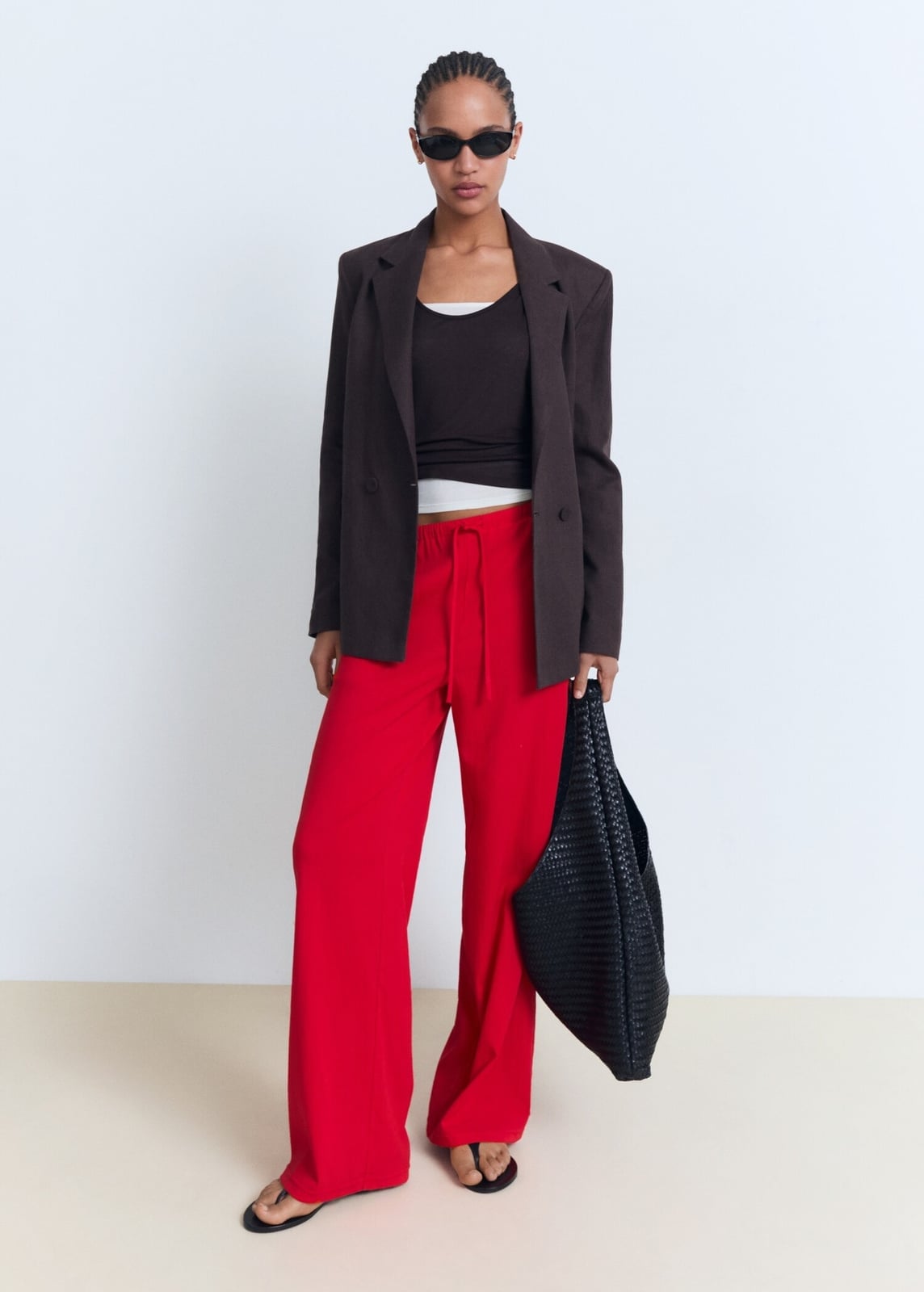 Bright Red Wide-Leg Trousers with Layered Tanks and Blazer — Classy Red Pants Outfits
