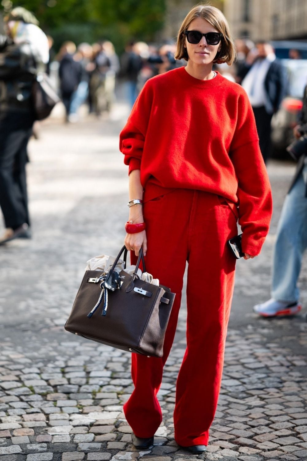 Relaxed Fit Red Trousers with a Matching Red Sweater — Classy Red Pants Outfits