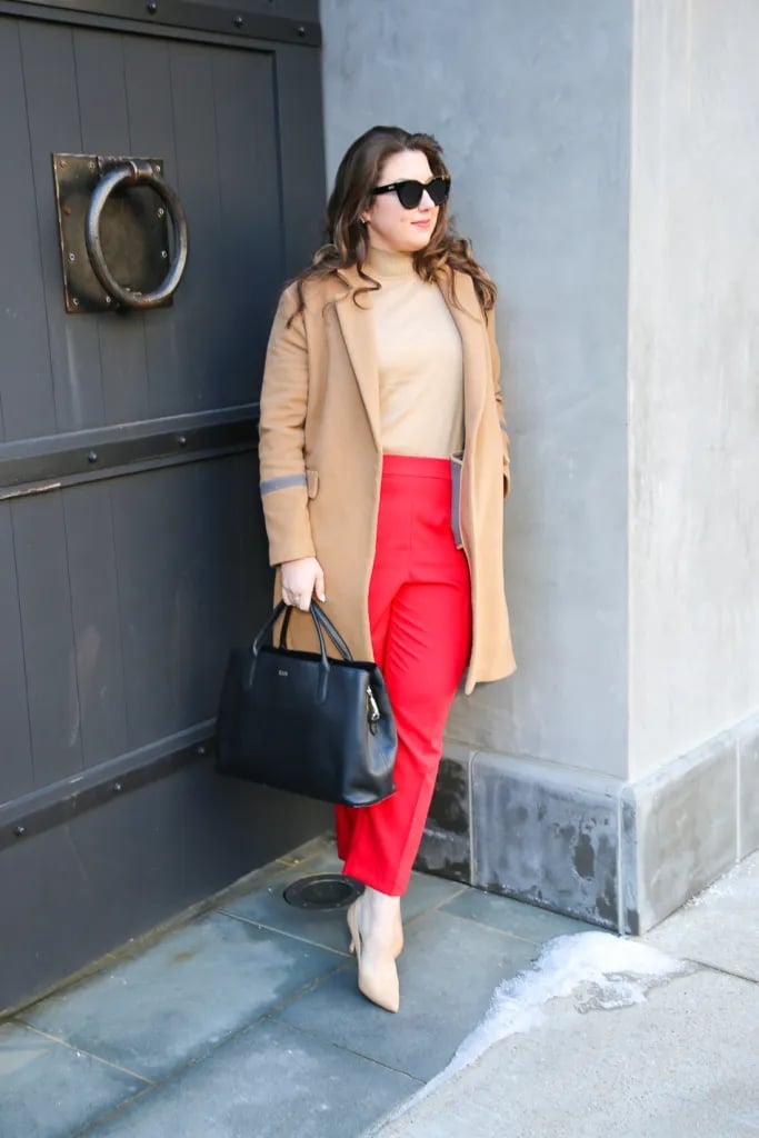 Bright Red Tailored Trousers with a Tan Turtleneck and Camel Coat — Classy Red Pants Outfits
