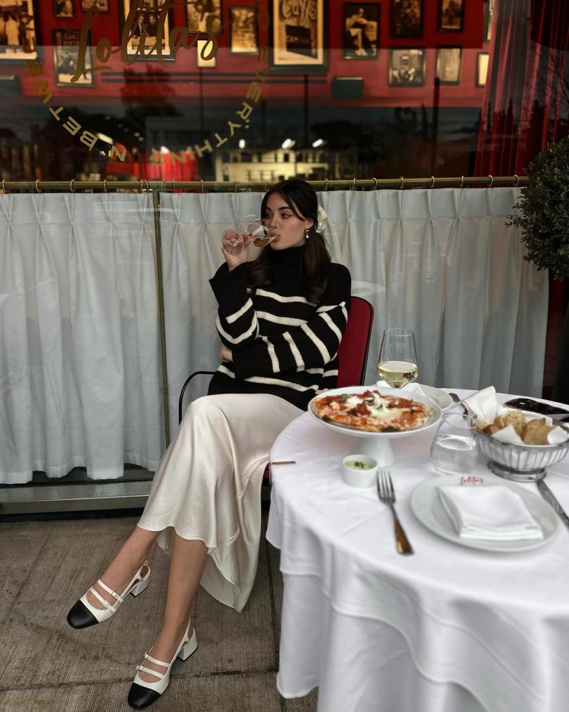 Striped Turtleneck with Satin Slip Skirt Striped Turtleneck with Satin Slip Skirt — Classy Restaurant Outfit