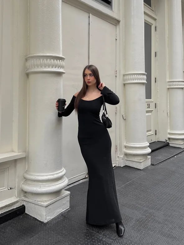 Off-the-shoulder Knit Maxi Dress Off-the-shoulder Knit Maxi Dress — Classy Restaurant Outfit