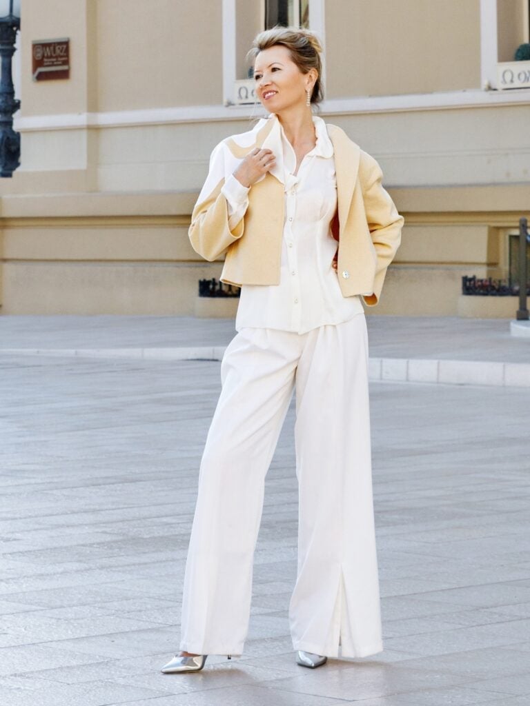 Cream Wide-Leg Trousers with Relaxed Blazer Cream Wide-Leg Trousers with Relaxed Blazer — Classy Restaurant Outfit
