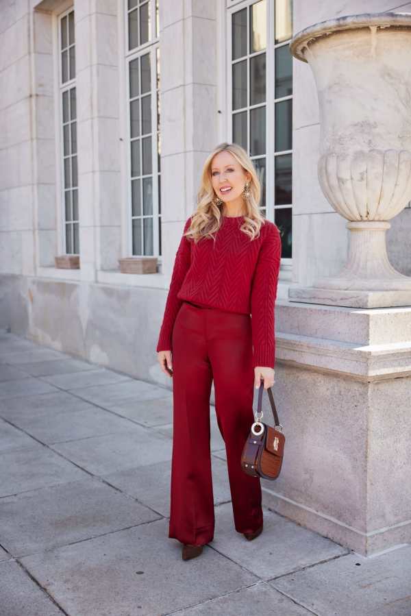 Red Knit Sweater with Satin Wide-Leg Trousers Red Knit Sweater with Satin Wide-Leg Trousers — Classy Restaurant Outfit